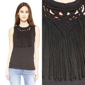 Pam & Gela black sleeveless top, crochet fringe